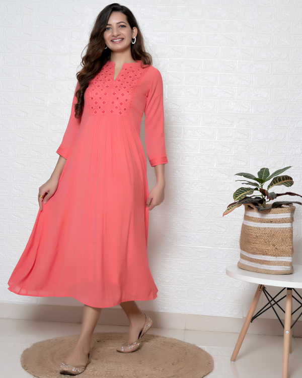 Coral thread embroidered yoke dress 3