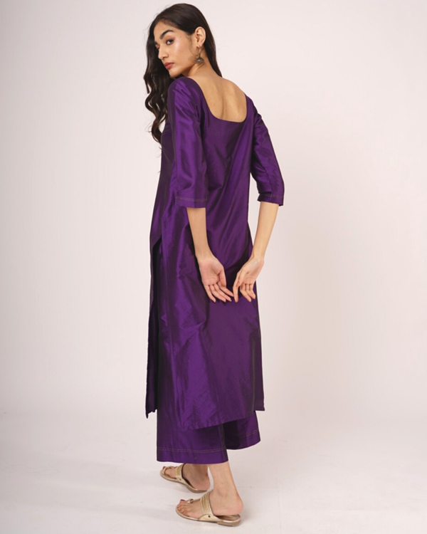 Purple silk straight suit set with dupatta - set of three 3