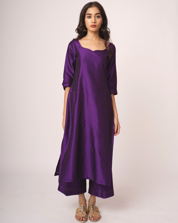 Purple silk straight suit set with dupatta - set of three 1