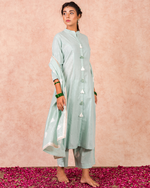 Collared mint kurta with palazzo and dupatta - set of three 2