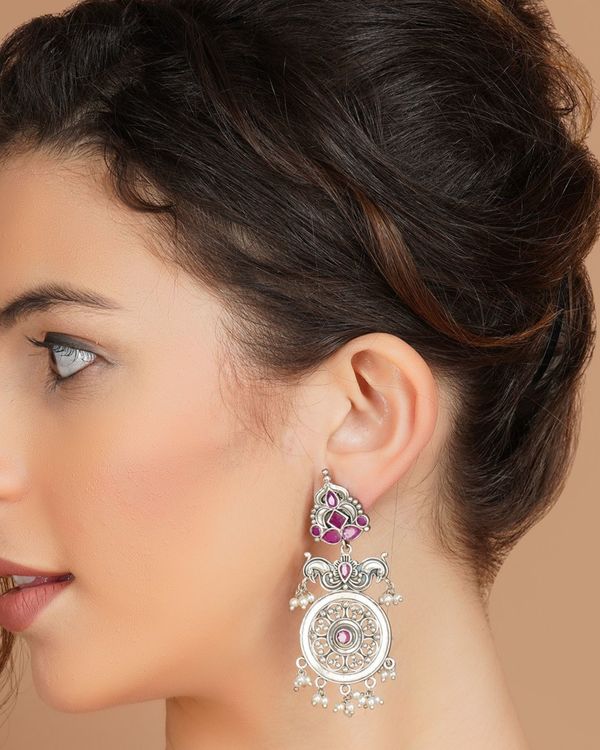 Dual peacock pink stone studded jhumka 1
