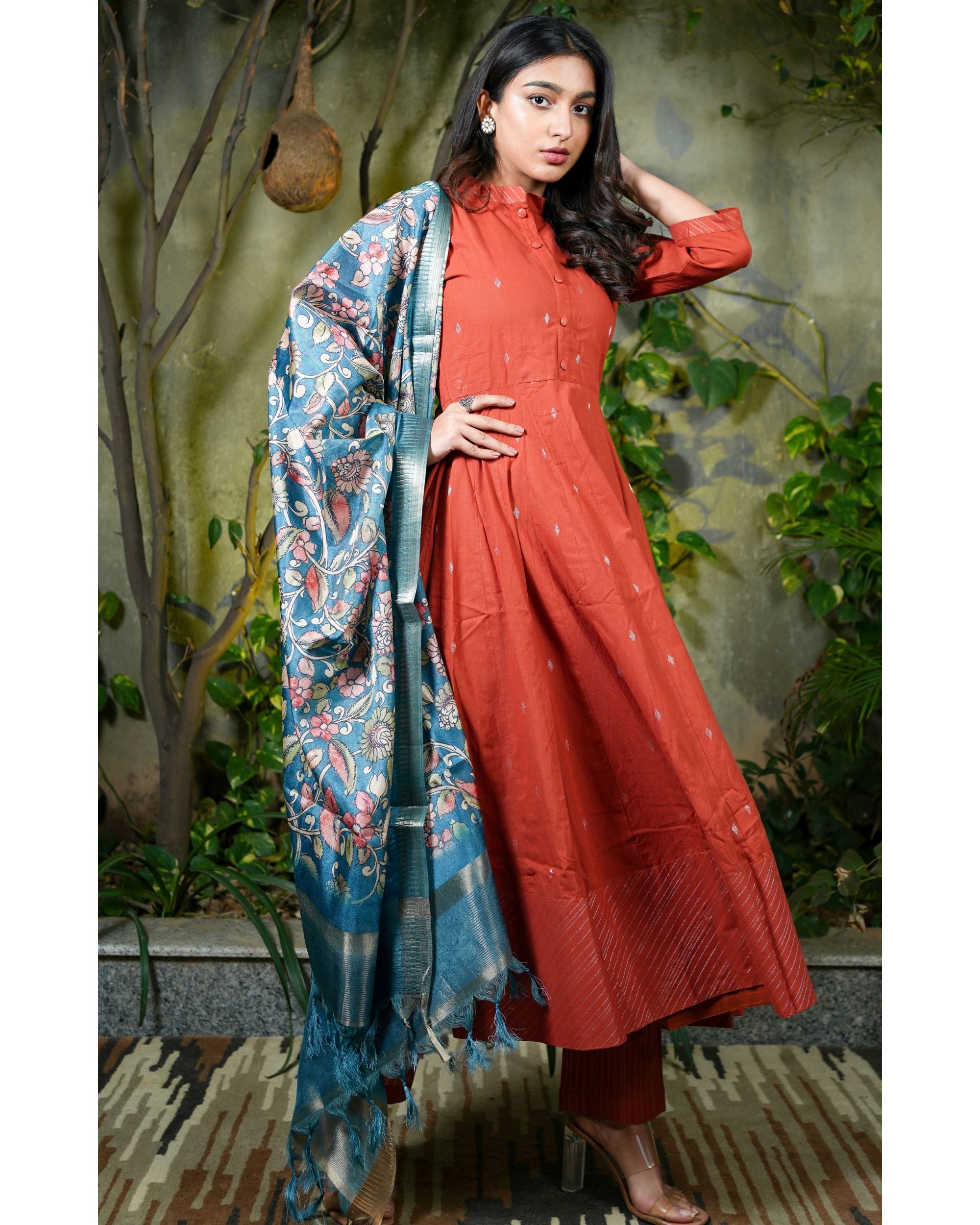 Crimson red kali kurta with pants and kalamkari dupatta set of three