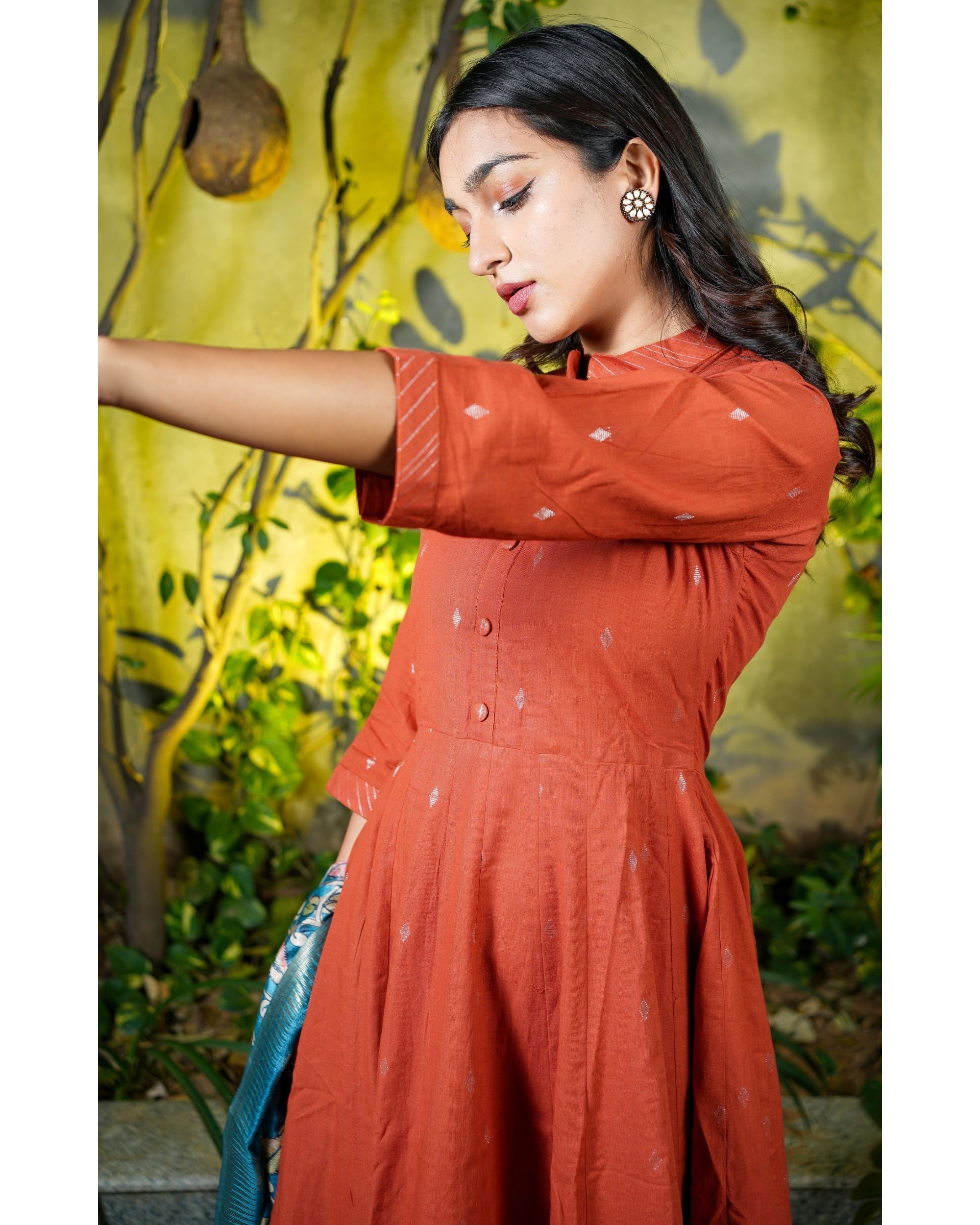 Crimson red kali kurta with pants and kalamkari dupatta set of three