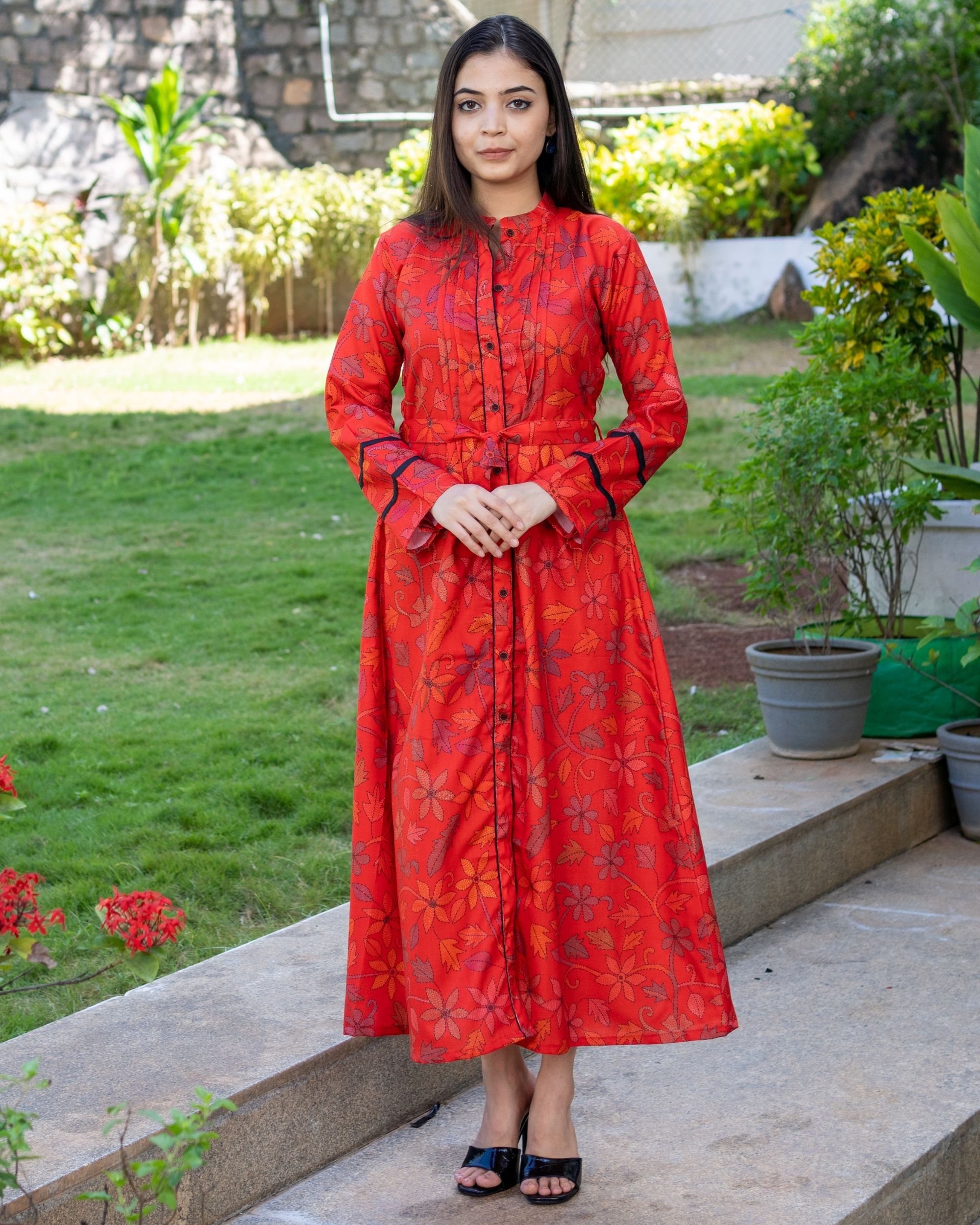 Peach chanderi floral dress by Desi Doree