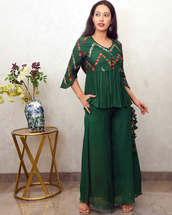Bottle green embroidered co-ord set - set of two 1