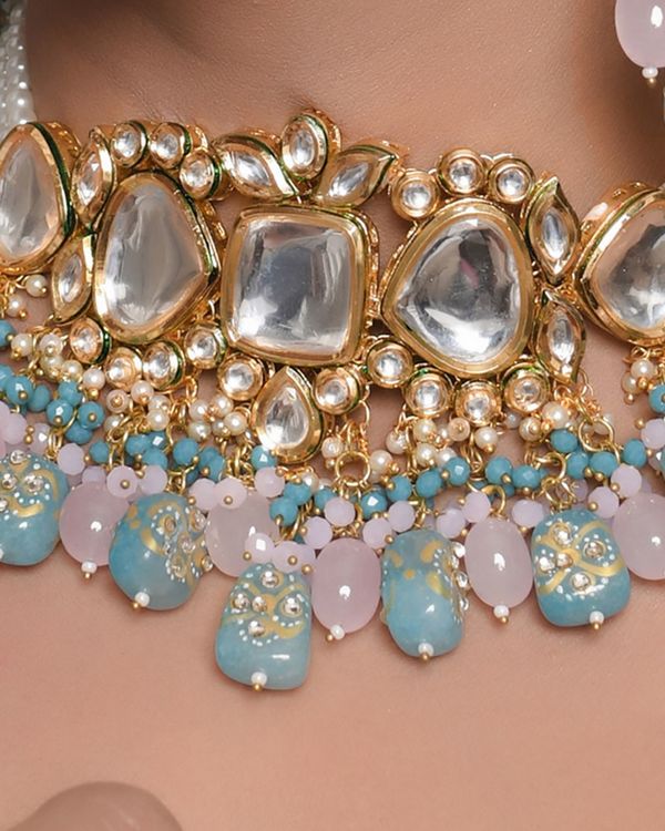 Pastel blue and pink tanjore beaded neckpiece with earrings - set of two 2