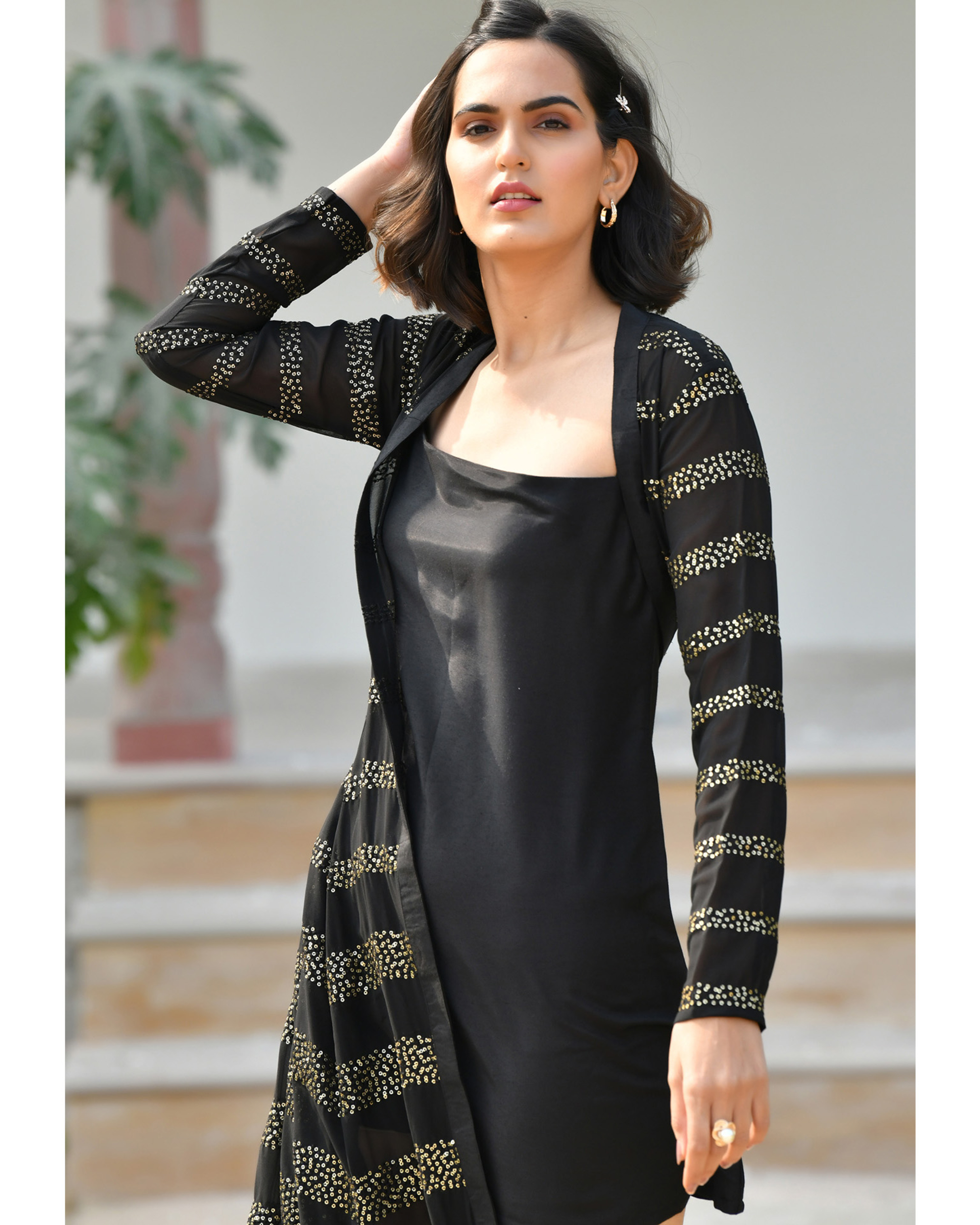 Black midi dress with embellished shrug set of two by Mulmul The Secret Label