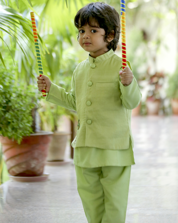 Green kurta and pants set with jacket - set of three 1