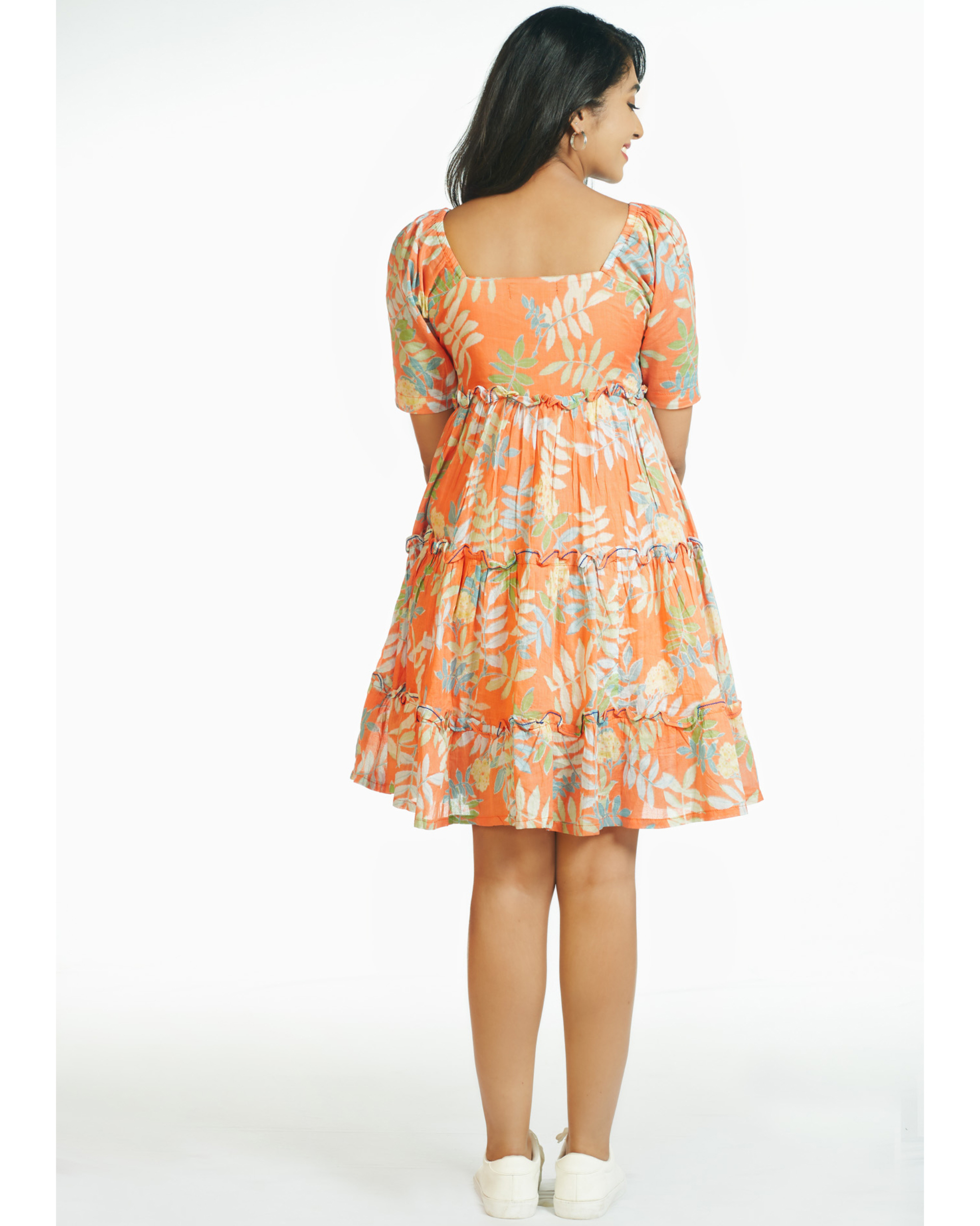 Orange tropical short frill dress by Threeness