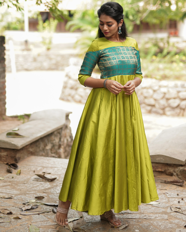 Lime green patola printed silk dress 2