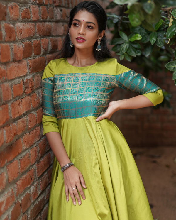 Lime green patola printed silk dress 1