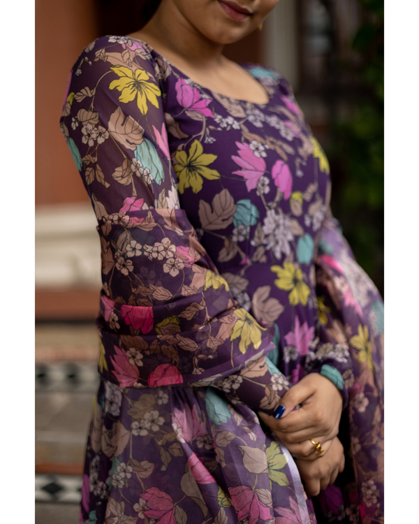 Purple floral georgette dress with dupatta - set of two 3