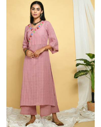 Onion pink hand embroidered kurta and palazzo - set of two by