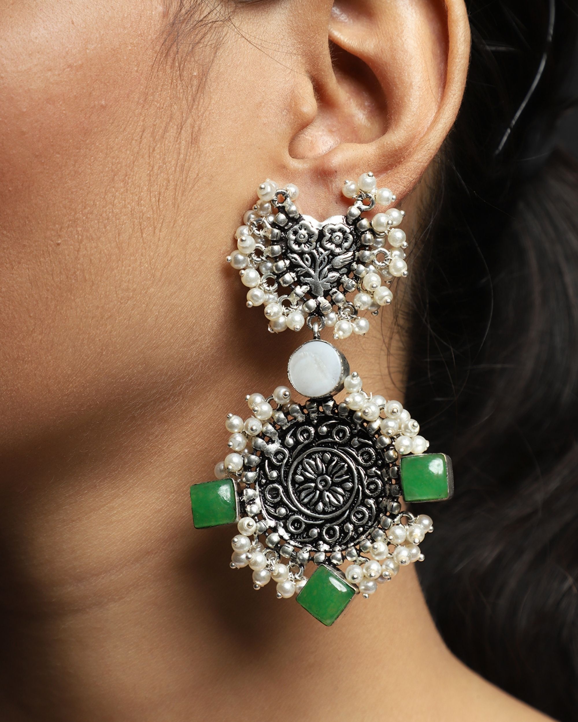 Green stone oxidized earrings by Namasya | The Secret Label