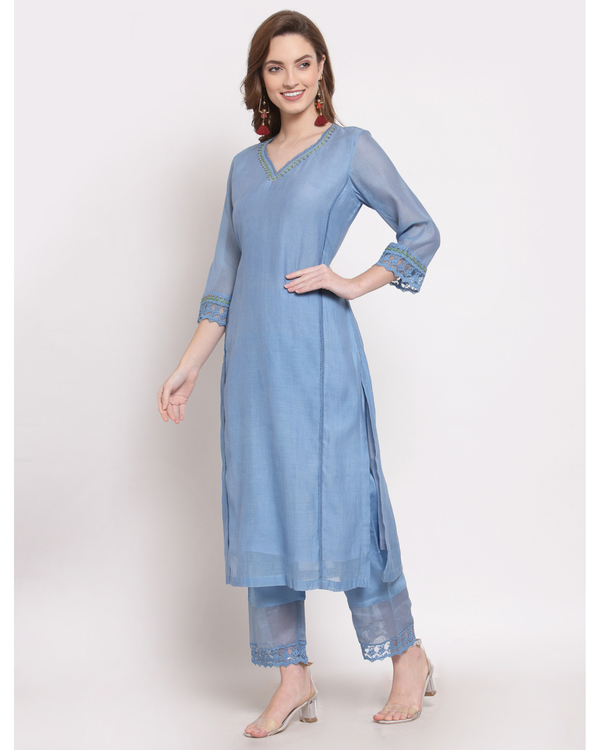 Dusty blue hand embroidered chanderi kurta 2