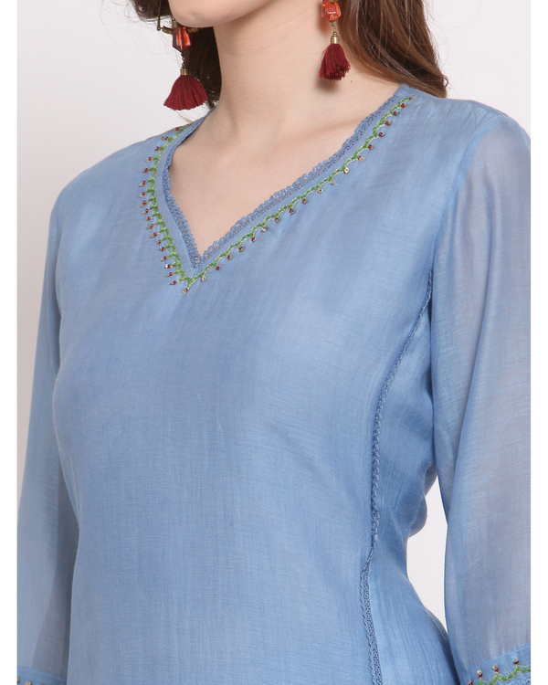 Dusty blue hand embroidered chanderi kurta 3
