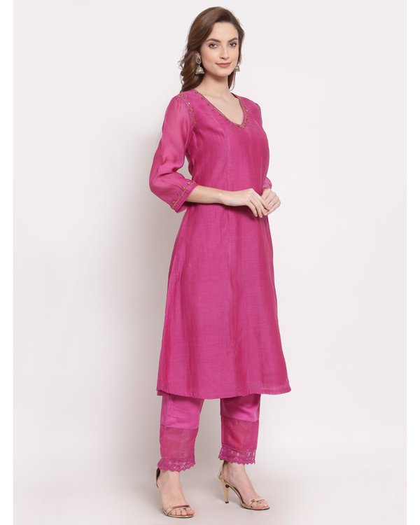 Bright pink hand embroidered chanderi kurta 2
