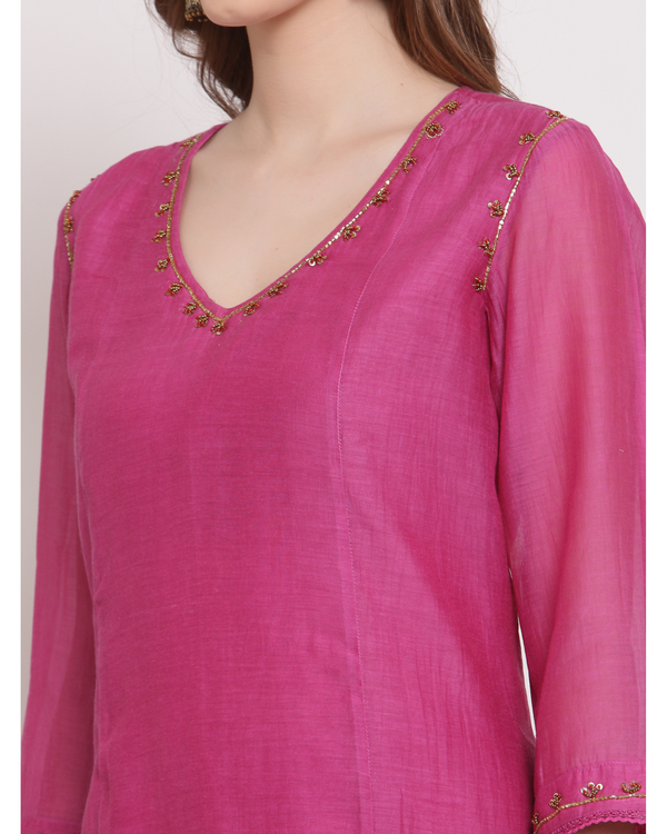 Bright pink hand embroidered chanderi kurta 3