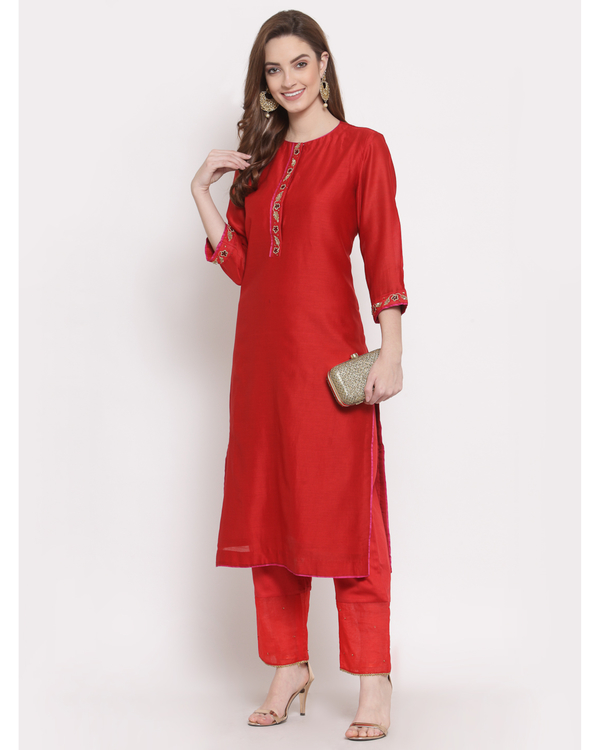 Red hand embroidered chanderi kurta 2
