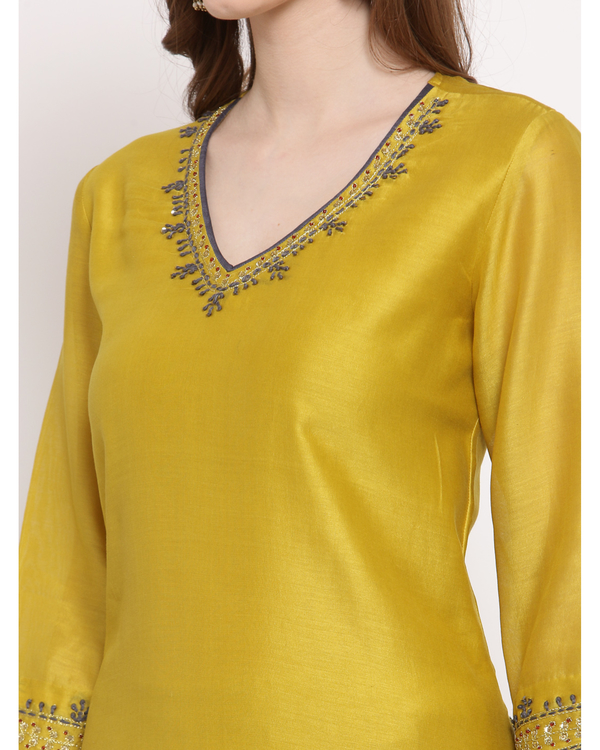 Mustard yellow hand embroidered chanderi kurta 3