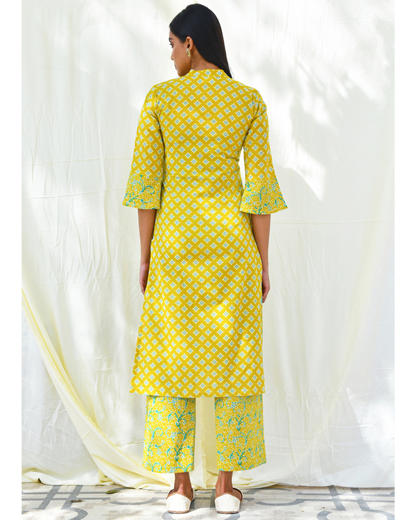 Yellow and sea green floral printed kurta set - set of three 3