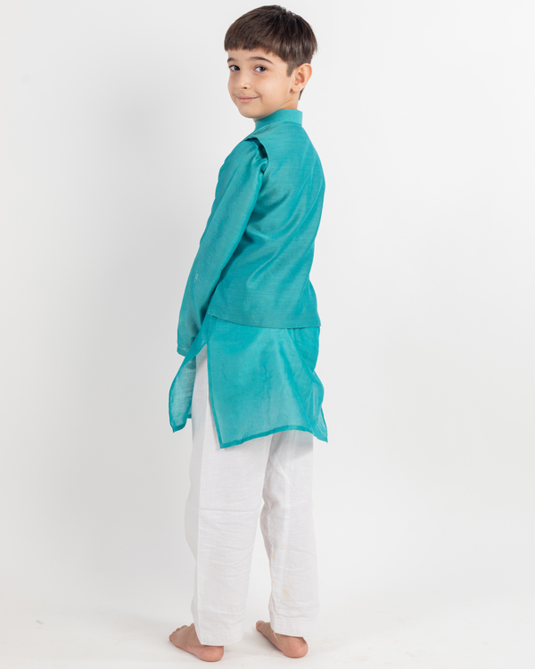 Teal blue embroidered kurta with pyjama and jacket set - set of three 2