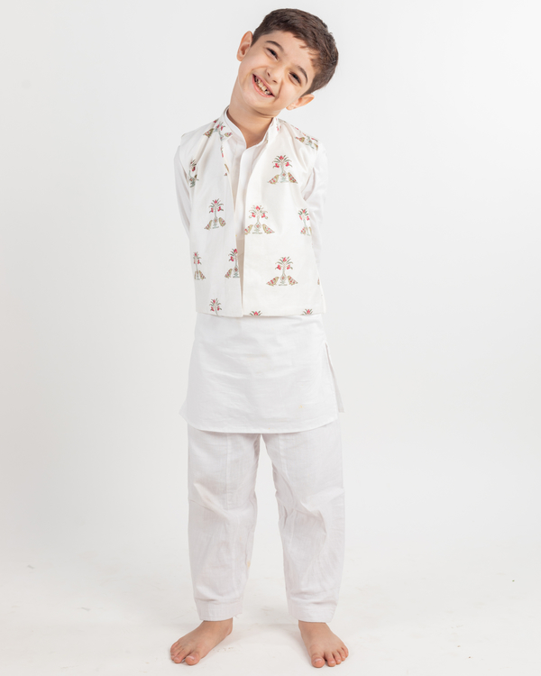 White birdkurta with pyjama and jacket set - set of three 2
