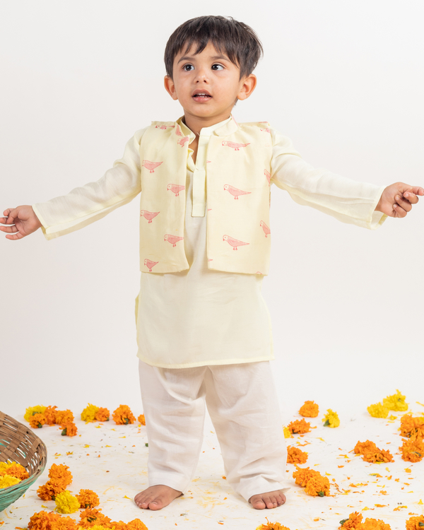 Off-white block print kurta with pyjama and jacket set- set of three 2