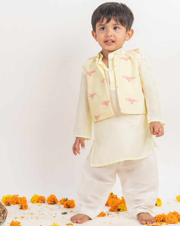 Off-white block print kurta with pyjama and jacket set- set of three 3