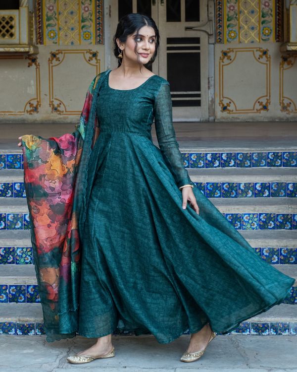 Bottle green chanderi dress with multi color dupatta - set of two 3