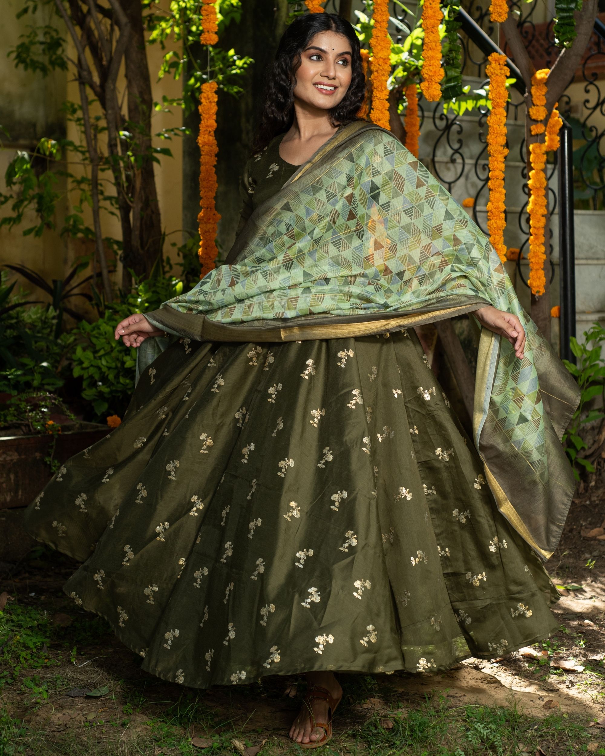 Olive green flared dress with black printed dupatta - Set Of Two by Athira  Designs
