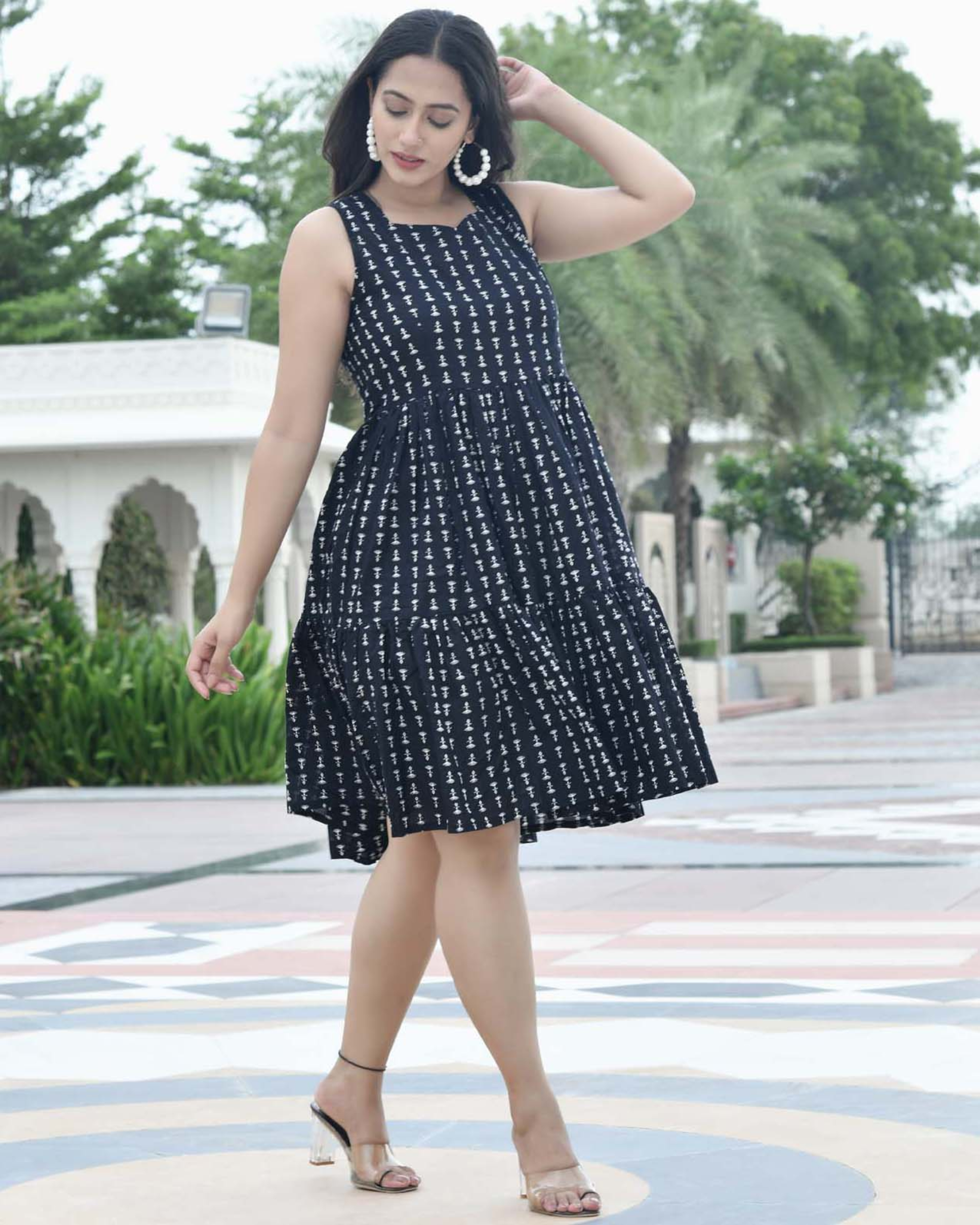 Short Double Layer Frock Design Black Printed Tiered Short Dress