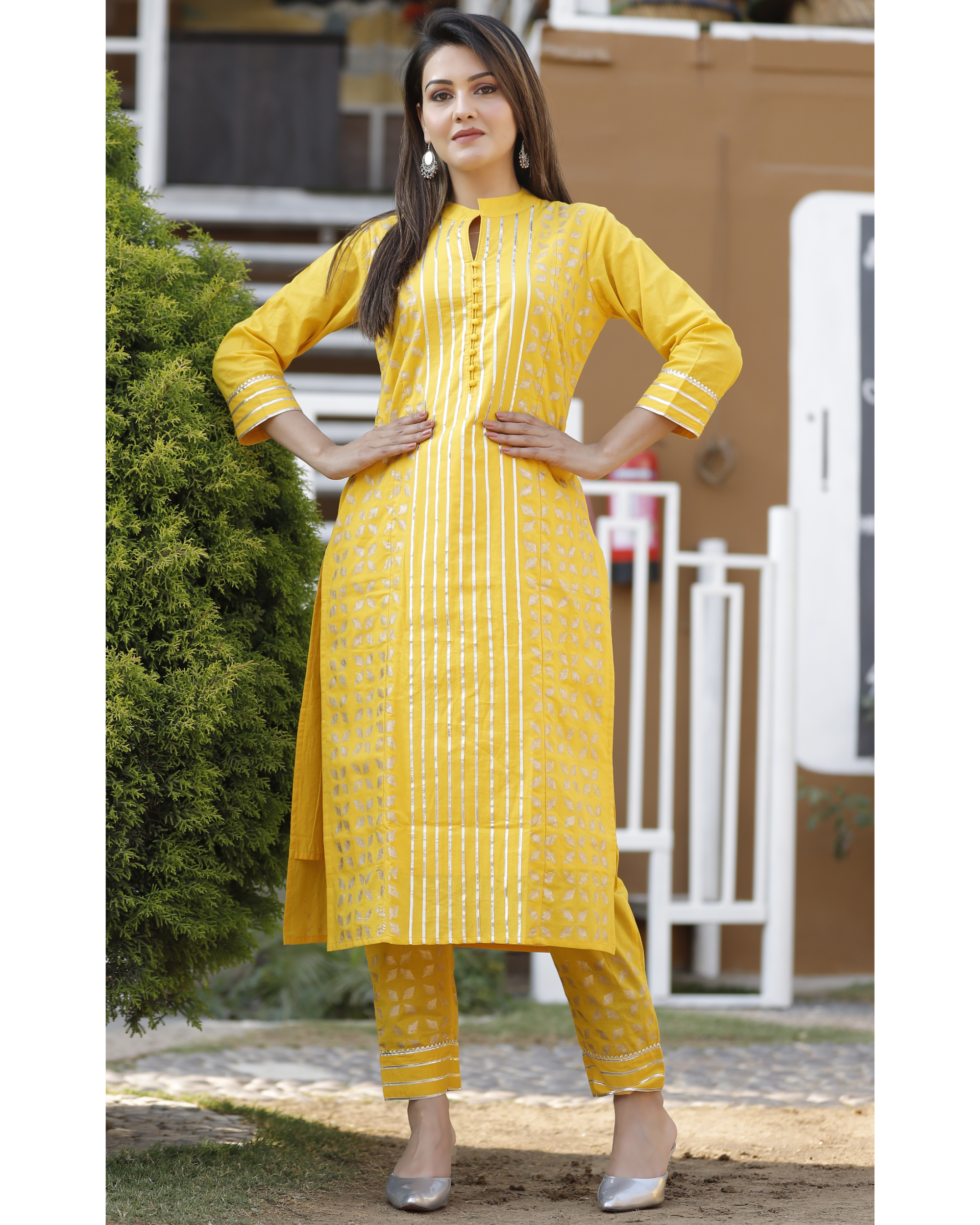 IKK998 yellow cotton kurti pant set with gota patti mirror work