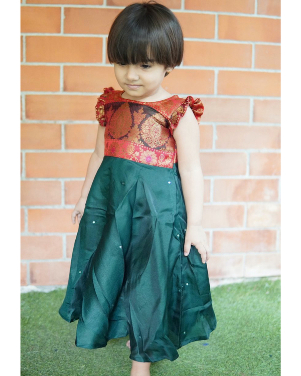 Red and green brocade mirror frock 1