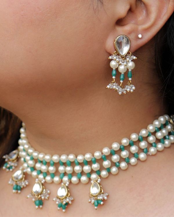 Teal green and white pearl beaded tiered neckpiece with earrings - set of two 1