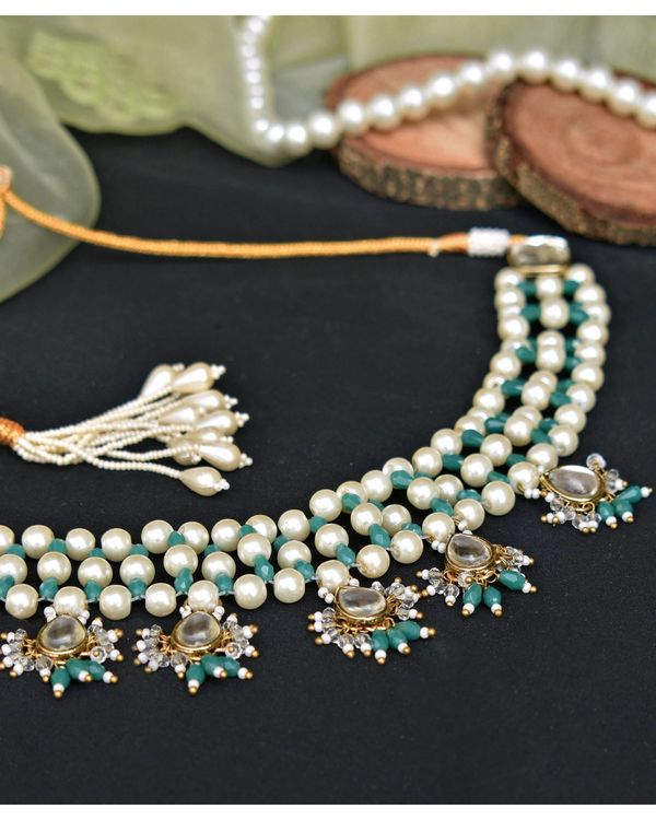 Teal green and white pearl beaded tiered neckpiece with earrings - set of two 2
