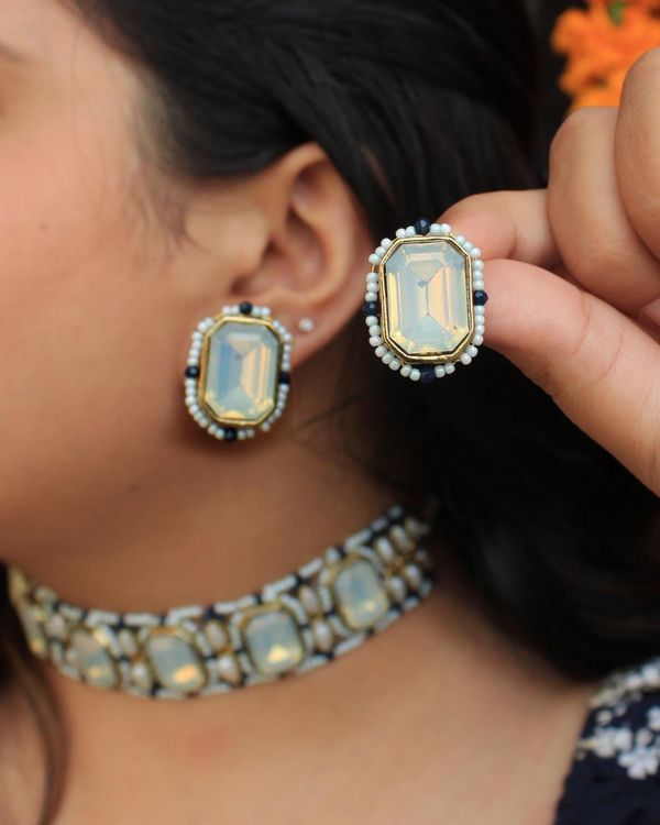 Ice blue kundan block choker neckpiece with earrings - set of two 1