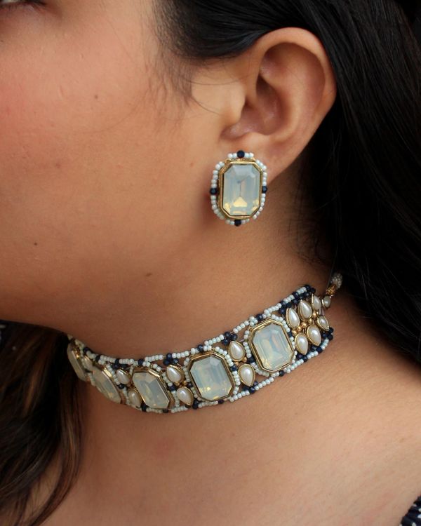 Ice blue kundan block choker neckpiece with earrings - set of two 2
