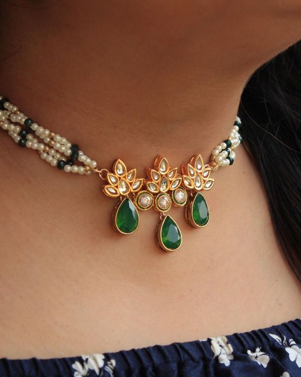 Pearl beaded multi string green drop neckpiece with earrings - set of two 1