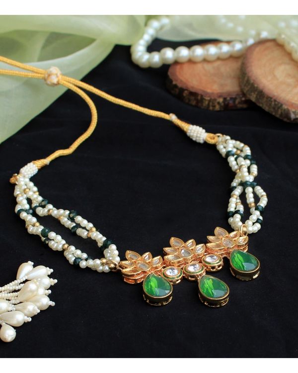 Pearl beaded multi string green drop neckpiece with earrings - set of two 3