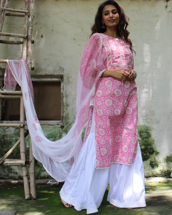 Pink And White hand block printed sharara set - set of three 2