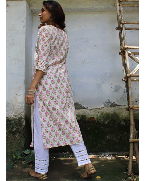 Off-white hand block printed kurta and pants set - set of two 1