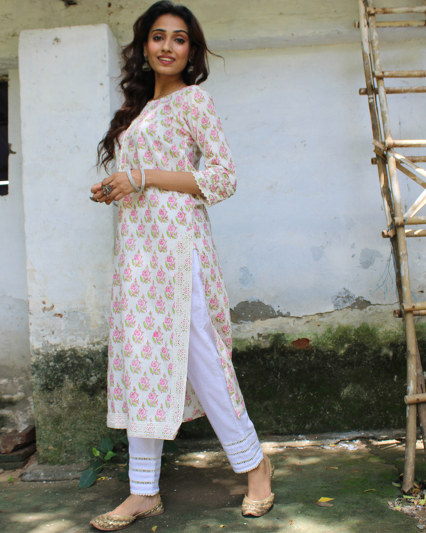 Off-white hand block printed kurta and pants set - set of two 2