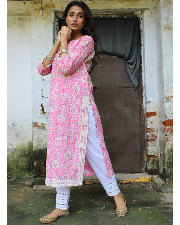 Pink hand block printed kurta and pants set - set of two 2