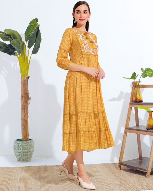 Mustard yellow embroidered midi dress 2