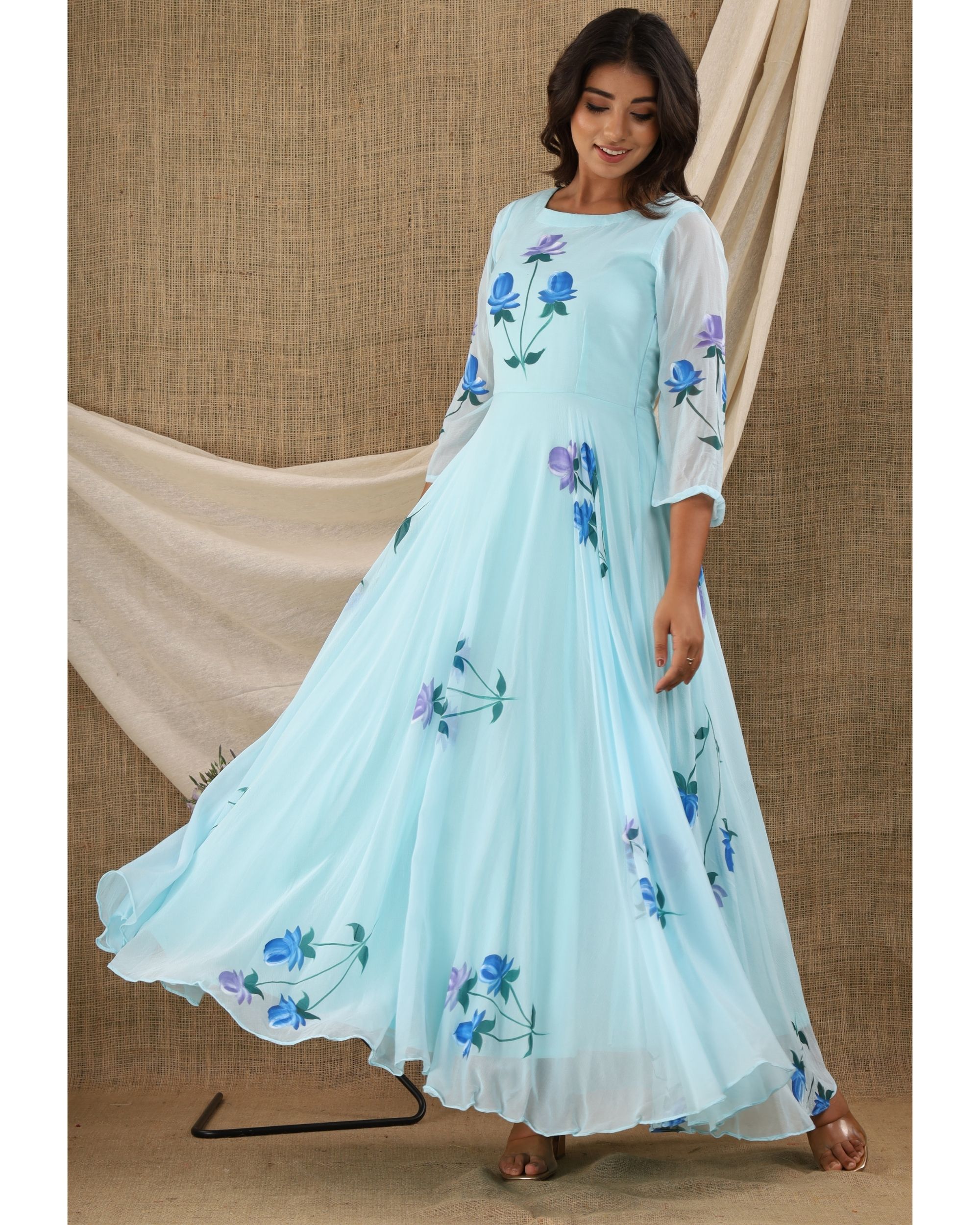 Sky Blue Dress With Gota Work Jacket - Absolutely Desi