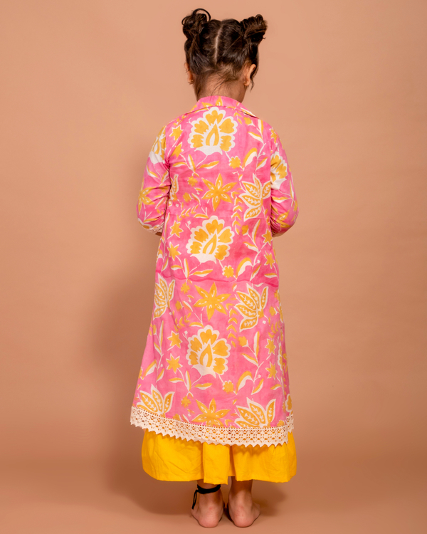 Yellow dress with pink hand block printed jacket set of two by Yellow