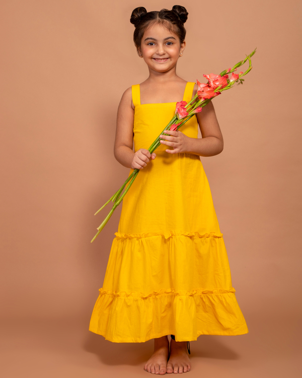 Yellow dress with pink hand block printed jacket set of two by Yellow