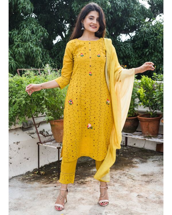 Mustard yellow chikankari kurta with pants and dupatta - set of three ...