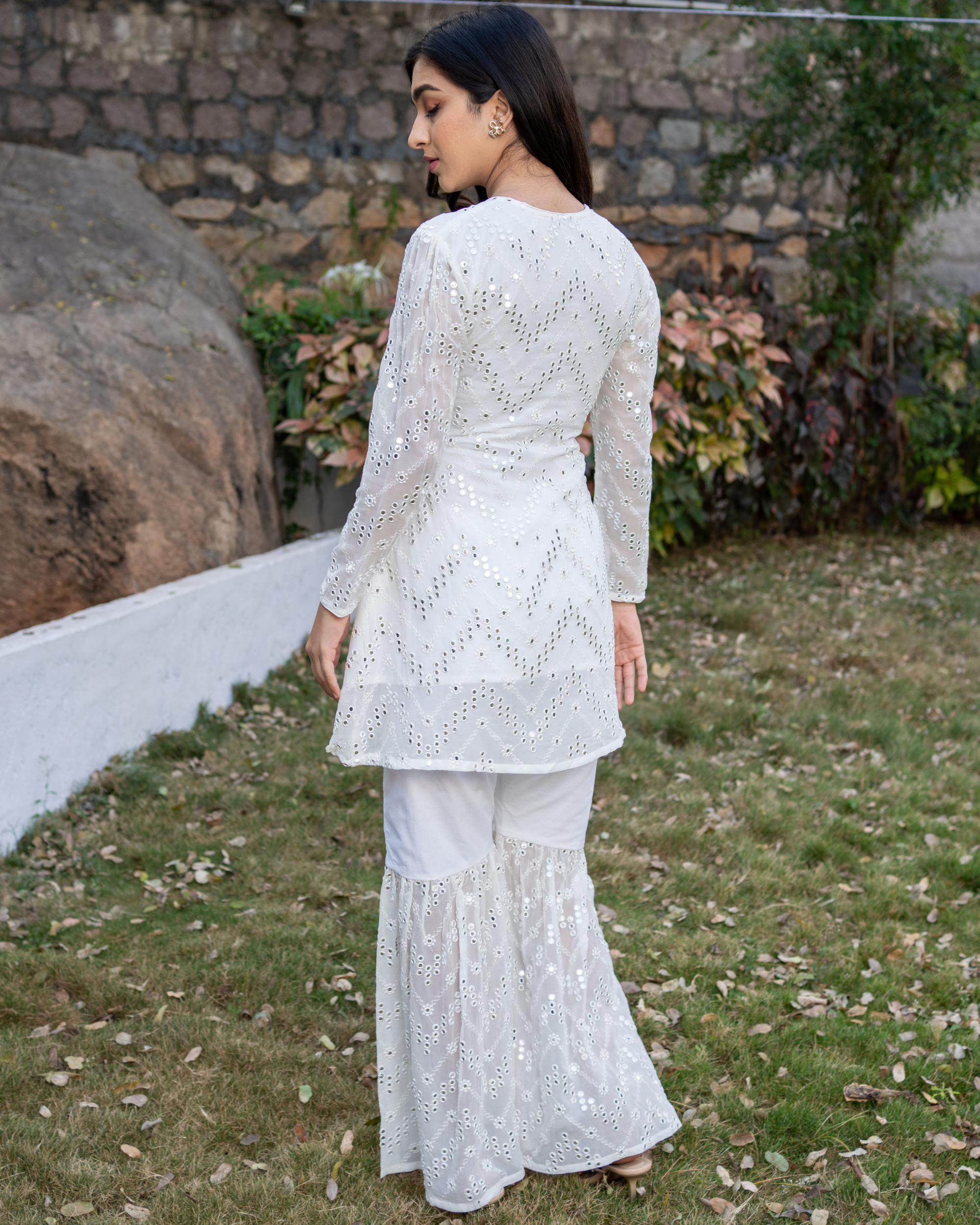 white mirror work sharara suit